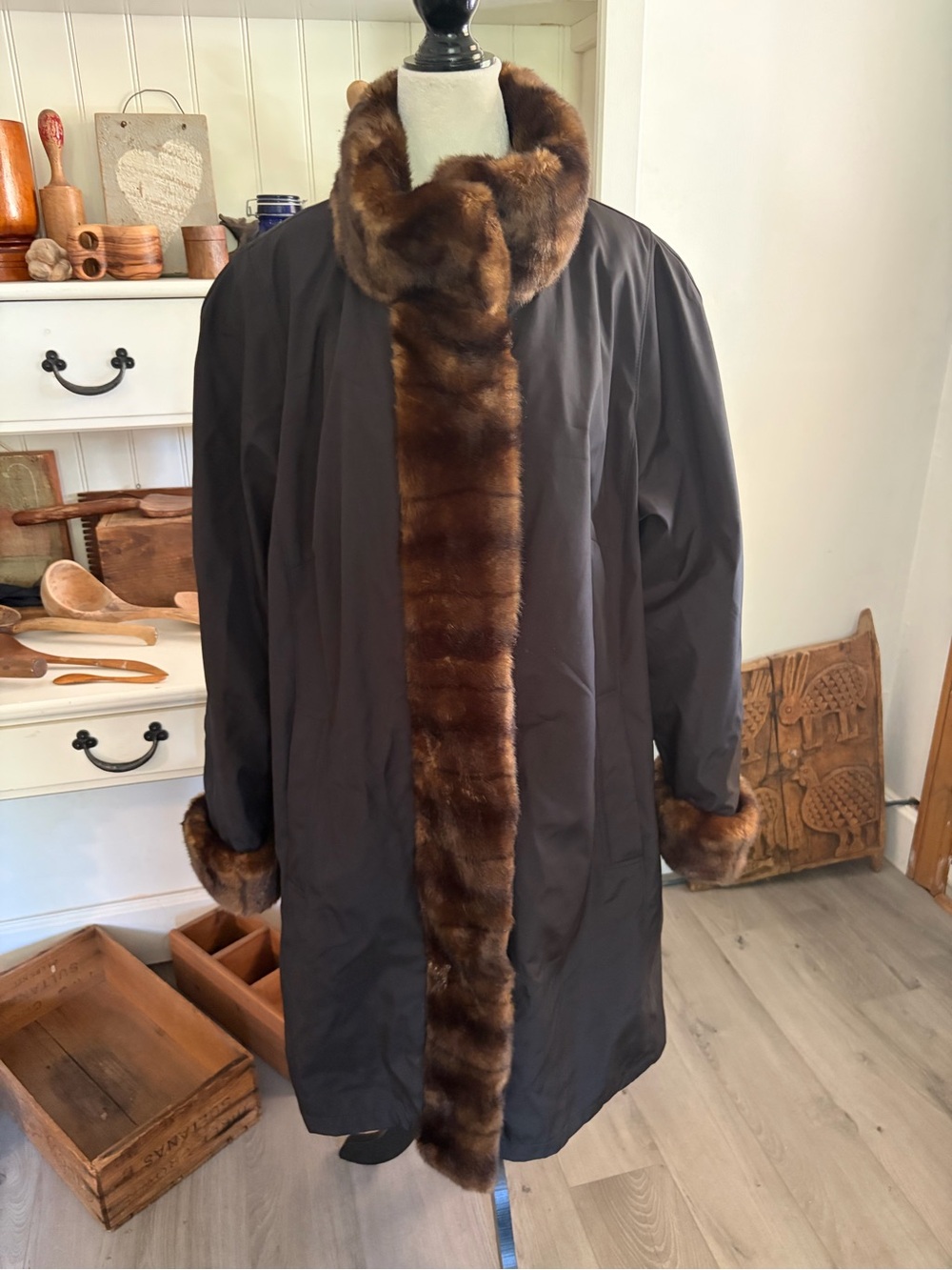 Women’s Black Coat with Brown Faux Fur Trim